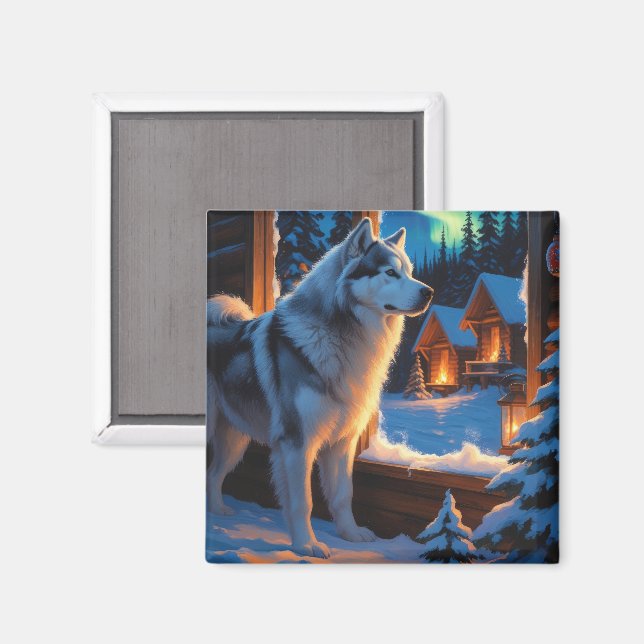 Imã Malamute do Alasca com Luzes de Natal Feriado  (Front/Back)