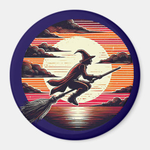 Imã Male Witch cavalgando Broom na ilustração da arte