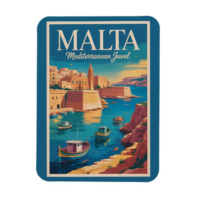 Ímã Malta Coast Illustration Travel Art Vintage (Vertical)