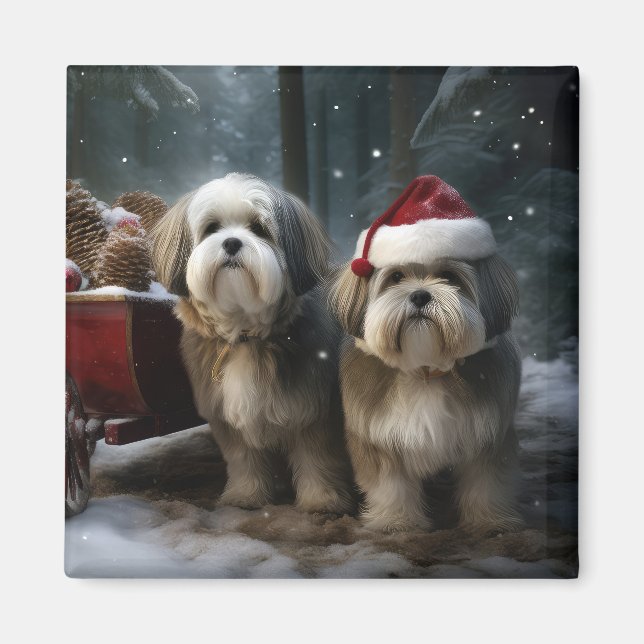 Imã Malti tzu Snowy Sleigh Decoração de Natal (Frente)