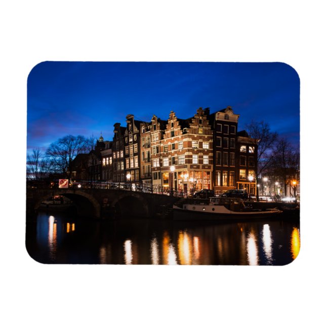 Ímã Manchas de canal de Amsterdã à noite (Horizontal)