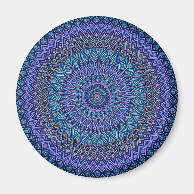 Imã Mandala Boho Blue Teal Purple Pavão Dourado Magia (Frente)