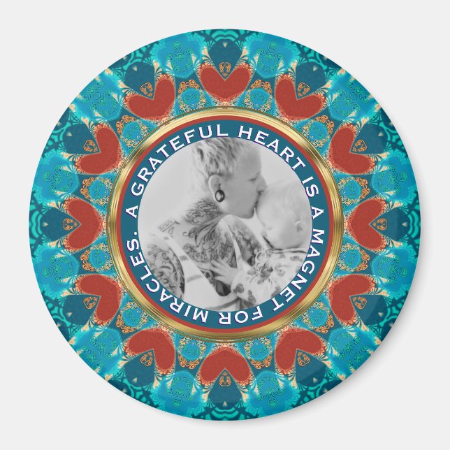 Imã Mandala de Água Teal de Gratidão com Palavras e Fo (Frente)