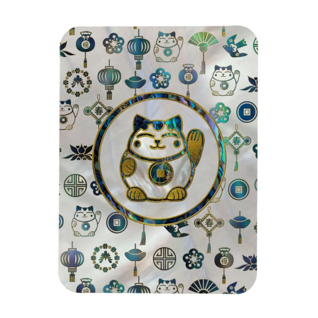 Ímã Maneki Neko Lucky cat em pérola e abalone (Vertical)