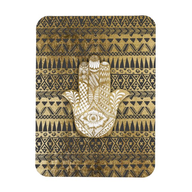 Ímã Mão de Hamsa Dourada, Impressão Faux, e Aztec Trib (Vertical)