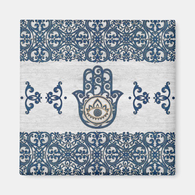 Imã Mão de Hamsa - Mão de madeira azul-fatima (Frente)