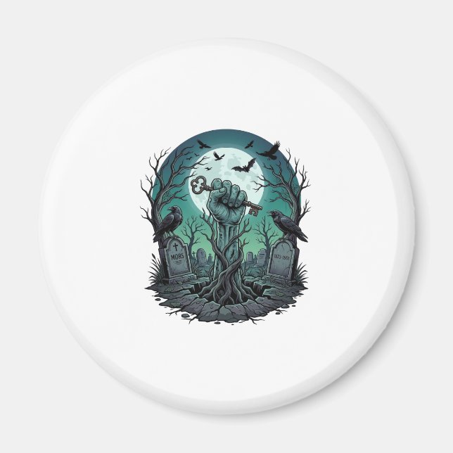 Imã Mão de Zumbi Mors Chave de Esqueleto Lápide Corvos (Frente)