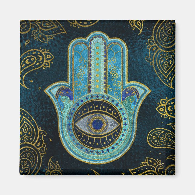 Imã Mão Decorativa de Hamsa com fundo paisley (Frente)