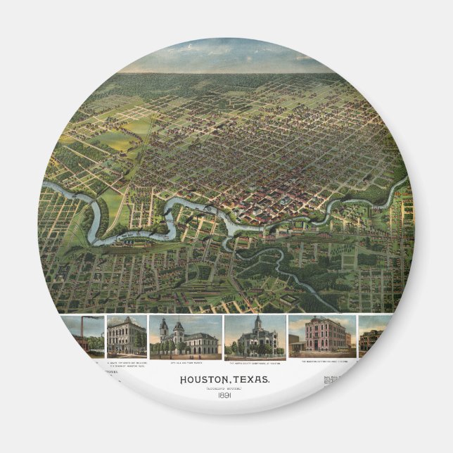Imã Mapa antigo de Houston, Texas com Rio Buffalo (Frente)