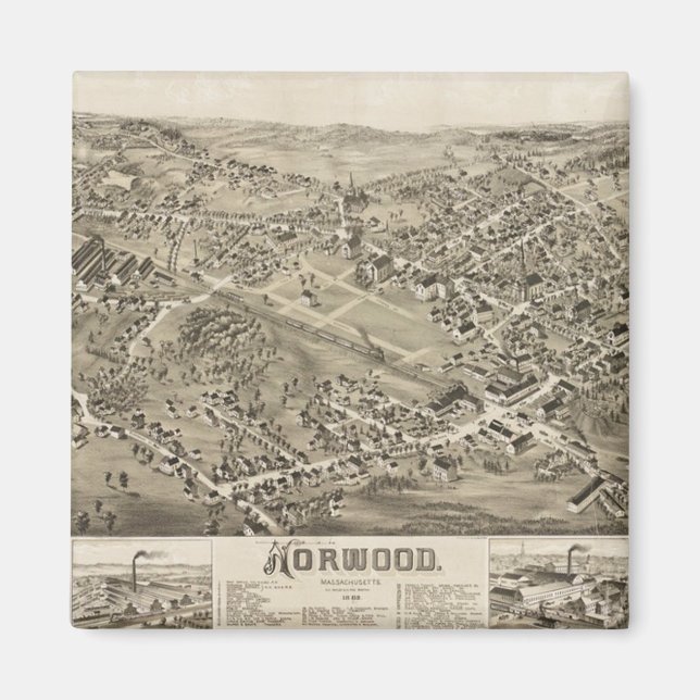 Imã Mapa Antigo de Norwood, MA 1882 (Frente)