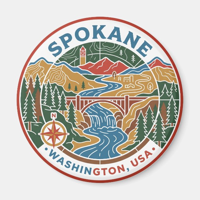 Imã Mapa Antigo de Spokane Washington EUA (Frente)
