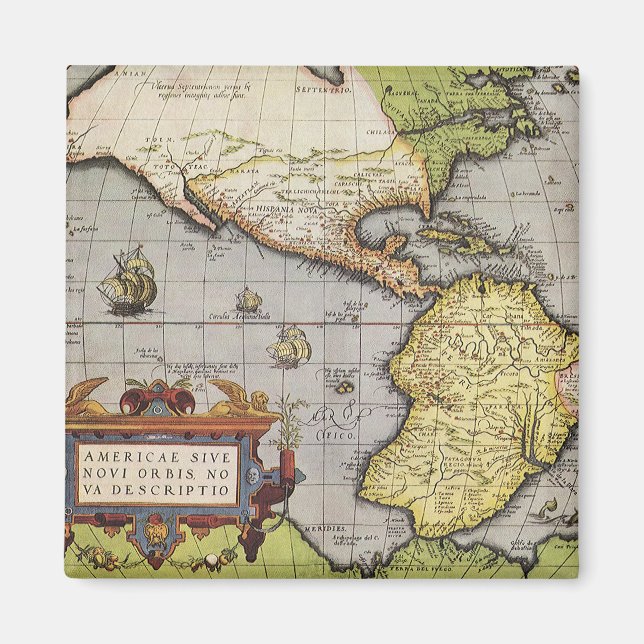 Imã Mapa Antigo do Mundo das Américas, 1570 (Frente)