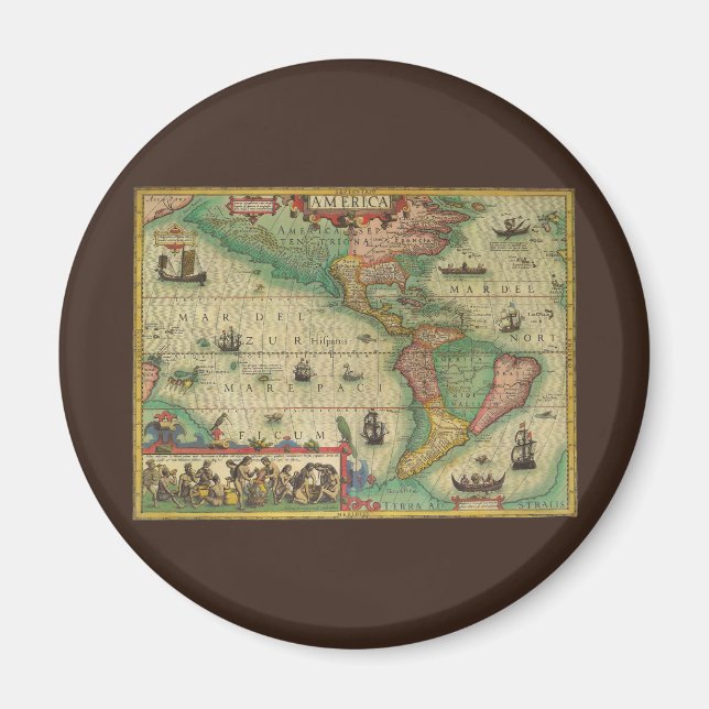 Imã Mapa Antigo do Mundo das Américas, 1606 (Frente)