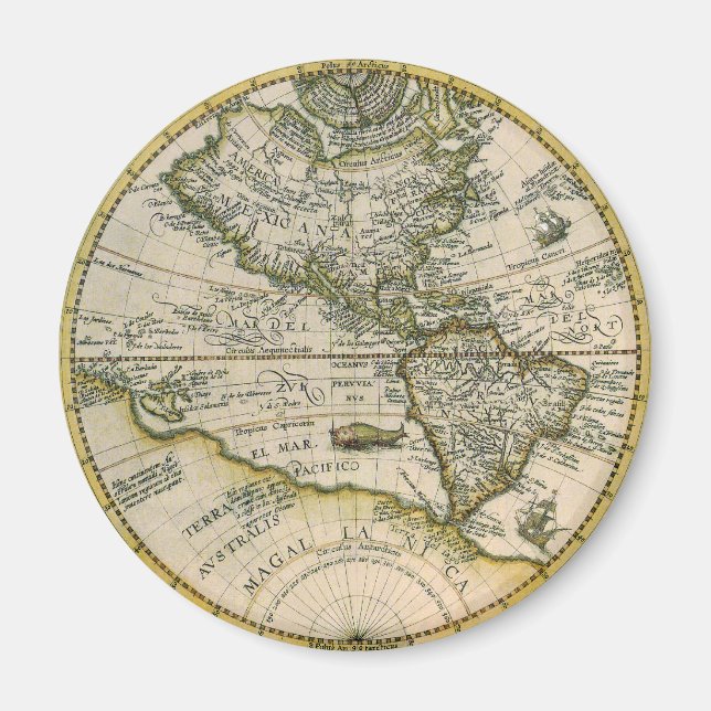 Imã Mapa Antiquado, 1596, America Sive Novus Orbis (Frente)