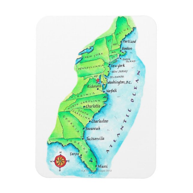 Ímã Mapa da Costa Leste Americana (Vertical)