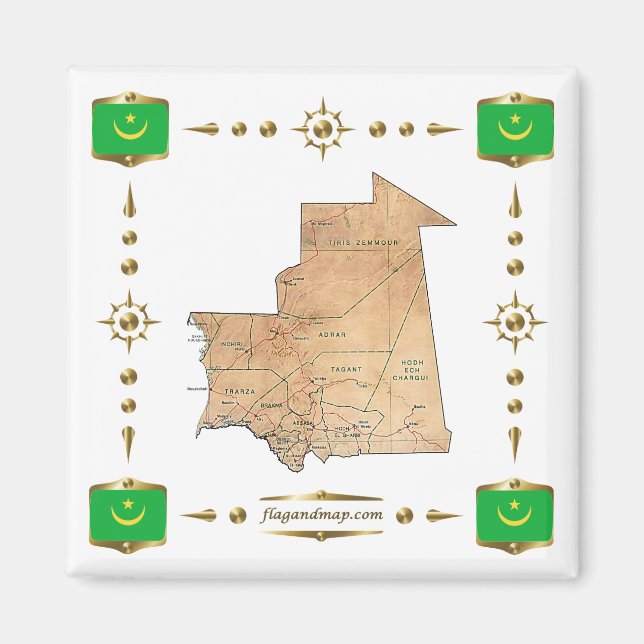 Imã Mapa da Mauritânia + Ímã de Bandeiras (Frente)