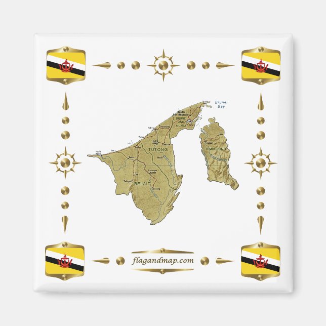 Imã Mapa de Brunei + Ímã de Bandeiras (Frente)