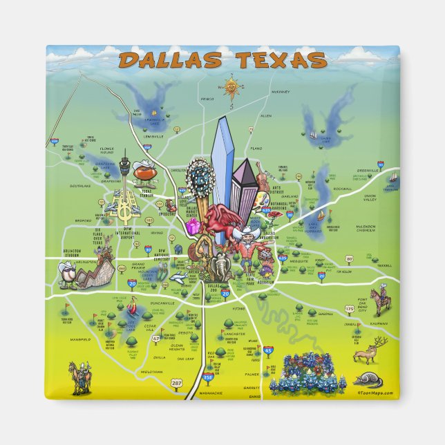 Imã Mapa de Cartoons de Dallas Texas (Frente)