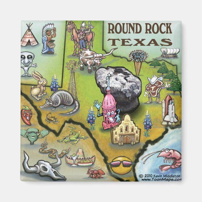 Imã Mapa de Cartoons do Round Rock Texas (Frente)