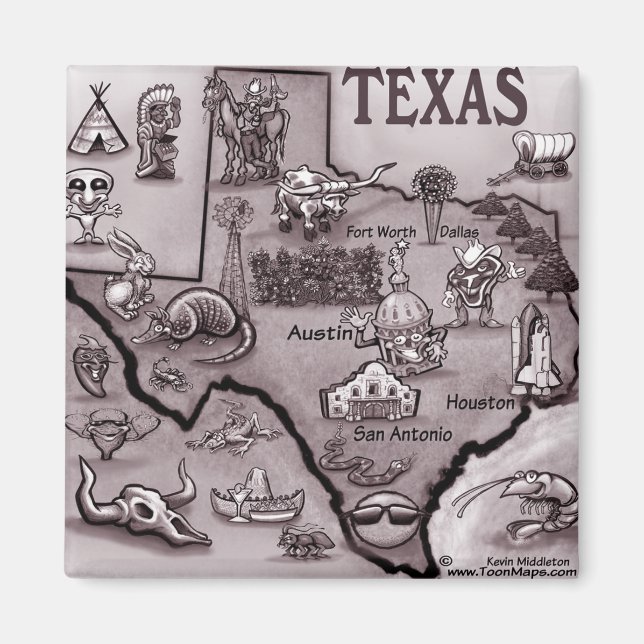 Imã Mapa de Cartoons do Texas Antigo (Frente)