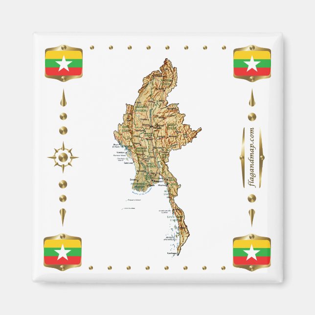 Imã Mapa de Myanmar + ímã de sinalizadores (Frente)