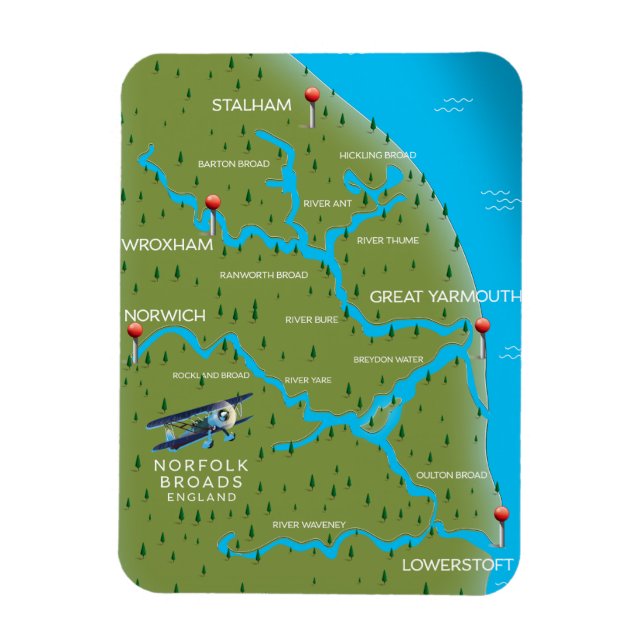 Ímã Mapa de Norfolk Broads Inglaterra. (Vertical)