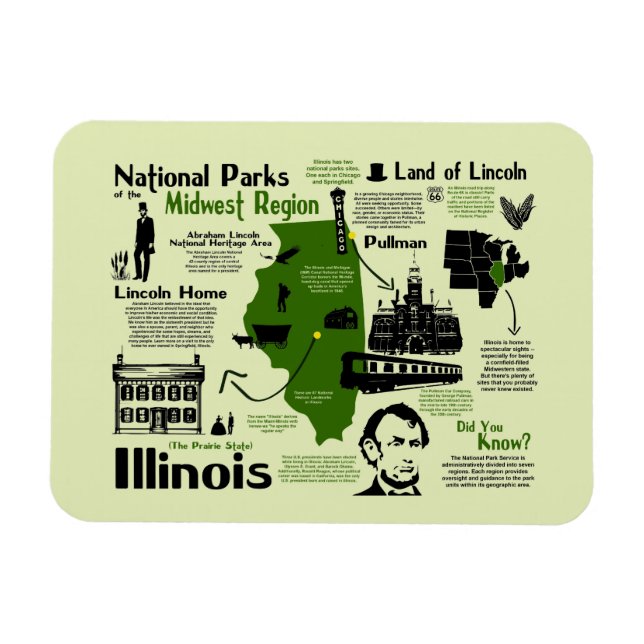 Ímã Mapa de Parques Nacionais de Illinois (Horizontal)