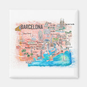 Imã Mapa de Viagem com Estradas Ilustrado de Barcelona