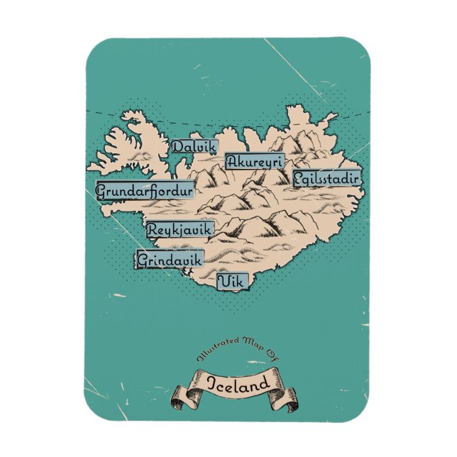 Ímã Mapa de viagem ilustrado Islândia (Vertical)