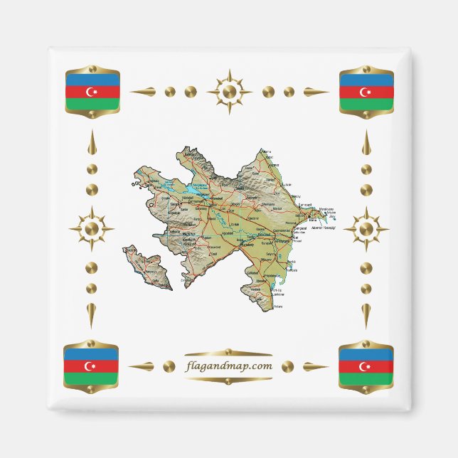 Imã Mapa do Azerbaijão + Ímã de Bandeiras (Frente)