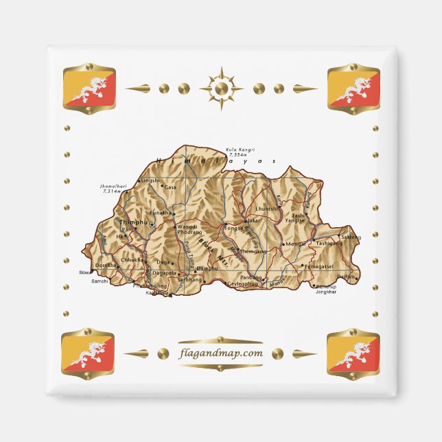 Imã Mapa do Butão + Ímã de Bandeiras (Frente)