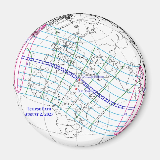 Imã Mapa do Eclipse Solar Total de 2027 (Frente)