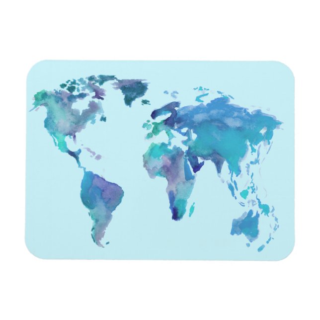 Ímã Mapa do Mundo Azul da Aquarela (Horizontal)