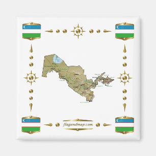 Imã Mapa do Usbequistão + Ímã dos Sinalizadores