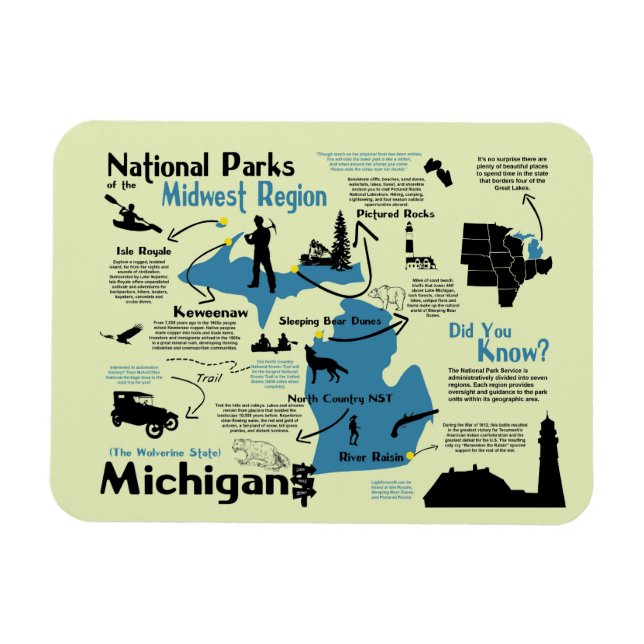 Ímã Mapa dos Parques Nacionais de Michigan (Horizontal)