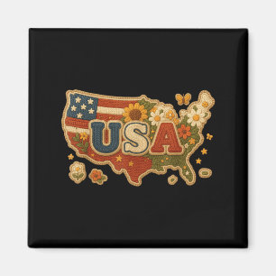 Imã Mapa Floral Patriótico Retro EUA Orgulho Americano