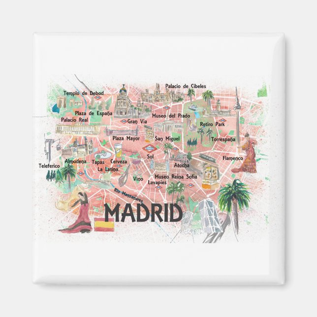 Imã Mapa Ilustrado da Espanha Madrid com Estradas Prin (Frente)