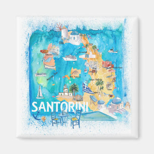 Imã Mapa ilustrado da Grécia Santorini com as estrada