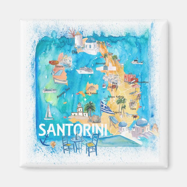 Imã Mapa Ilustrado da Grécia Santorini com Estradas Pr (Frente)