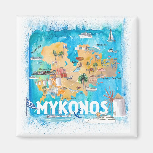 Imã Mapa Ilustrado de Grécia do Mykonos com Pontos de  (Frente)