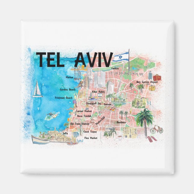 Imã Mapa ilustrado de Tel Aviv Israel com as estradas  (Frente)
