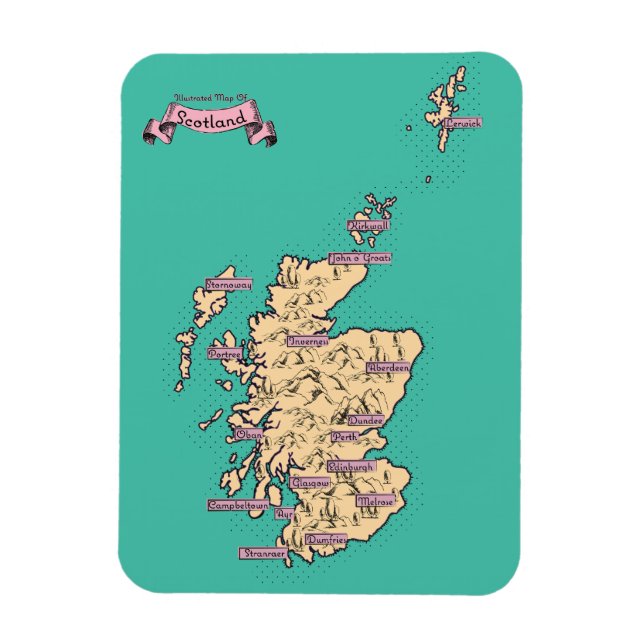 Ímã Mapa ilustrado de Viagem da Escócia (Versão Teal) (Vertical)