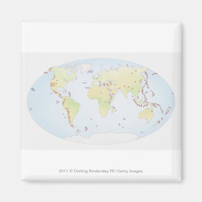 Imã Mapa mundial mostrando locais de atividade vulcâni (Frente)