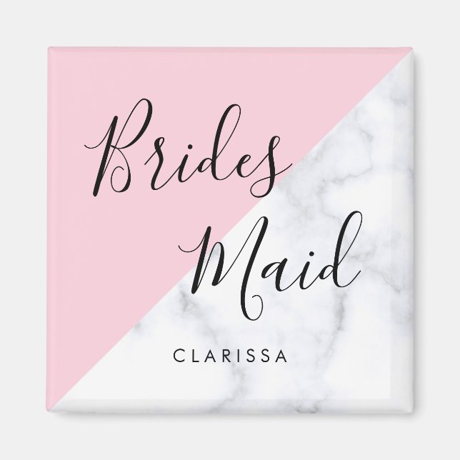 Imã Marble branco Elegante e madrinha rosa pastel (Frente)