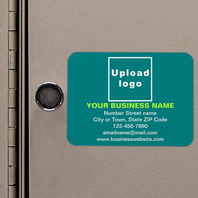 Ímã Marca comercial no retângulo verde lacrimogêneo fl (Your business brand on teal green rectangle flexible magnet as marketing material.)