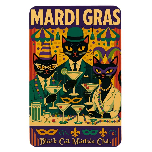 Ímã Mardi Gras Black Cat Martini Club Trio (Vertical)