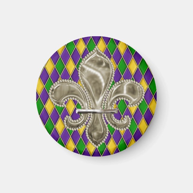 Imã Mardi Gras Harlequin Pattern Fleur de Lis (Frente)