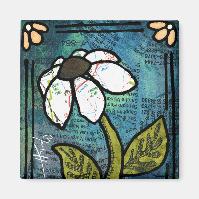 Imã Margarida Branca em Fundo Azul - Colagem (Frente)