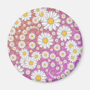 Imã Margaridas Brancas Fofas em Fundo Amarelo Rosa