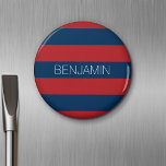 Imã Marinho Azul e Vermelho de Rúguebi com Nome Person<br><div class="desc">Blues Escuro e um vermelho tradicional — Um padrão de manly para as caras e meninos da sua família. Um design ousado e moderno com uma área para texto personalizado. Se precisar ajustar o trabalho de arte ou alterar a fonte, clique na área personalizar. Isso o levará à ferramenta design...</div>